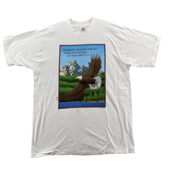 Vintage Fruit of the Loom Shirt XL Eagle Earth Nature Outdoor Mountains USA 1994 - Picture 1 of 10